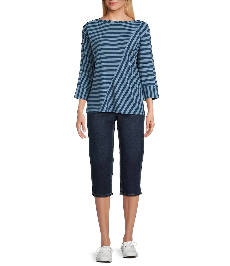 Westbound Striped 3/4 Sleeve Wide Neck Top