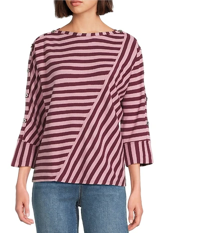 Westbound Striped 3/4 Sleeve Wide Neck Top