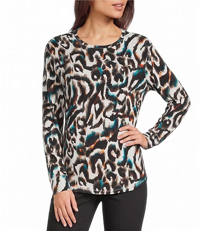 Westbound Abstract Animal Print Long Sleeve Crew Neck Knit Tee