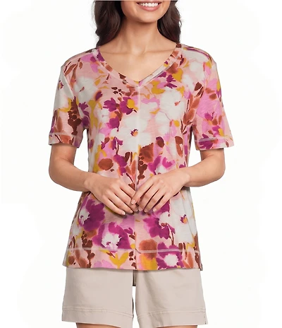 Westbound Astor Garden Print Short Sleeve V-Neck Top