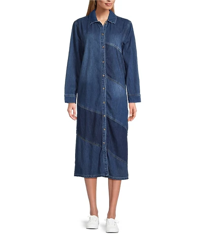 Westbound Asymmetric Color Blocked Denim Mid Shirt Dress