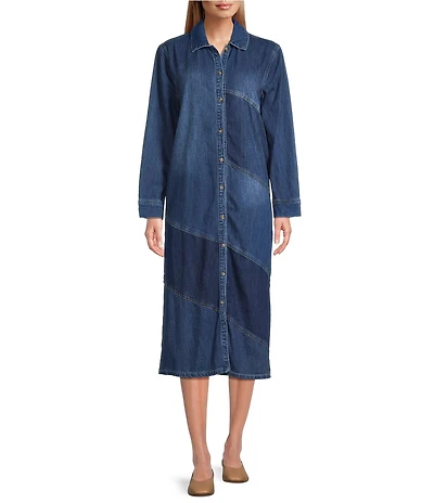 Westbound Petite Size Asymmetric Color Blocked Denim Midi Shirt Dress
