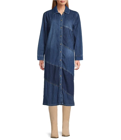 Westbound Petite Size Asymmetric Color Blocked Denim Midi Shirt Dress