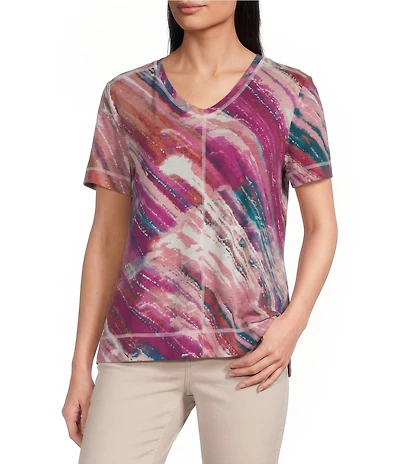 Westbound Bias Beam Print Short Sleeve V-Neck Top