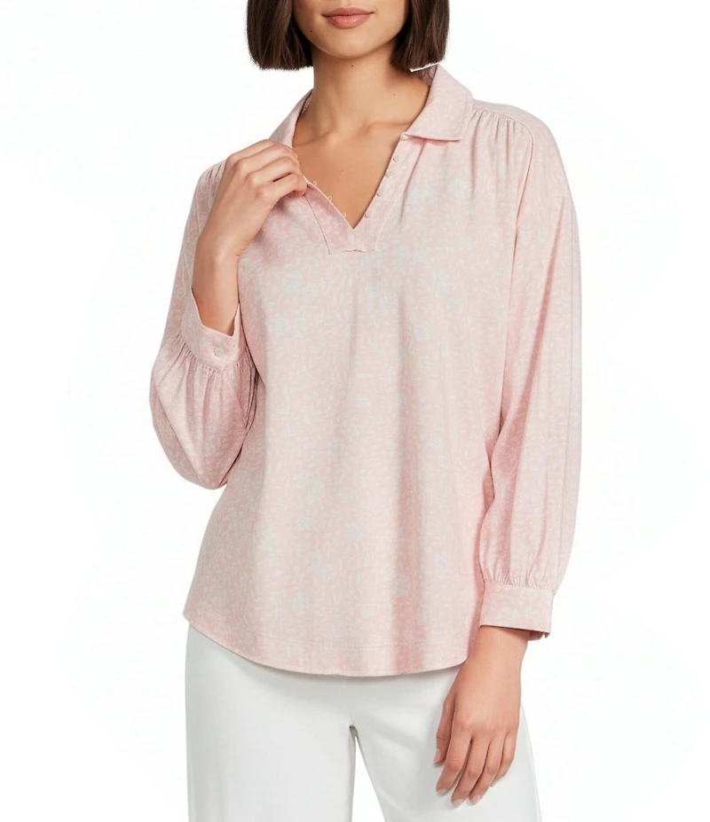 Westbound Blossom Ranch Floral 3/4 Sleeve V Neck Collared Slub Knit Top