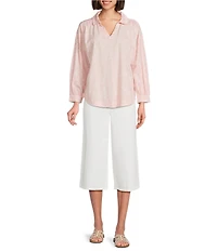 Westbound Blossom Ranch Floral 3/4 Sleeve V Neck Collared Slub Knit Top