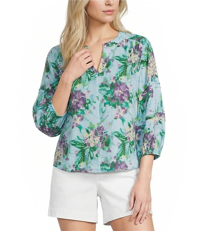 Westbound Bouquet Blossom Linen Blend 3/4 Sleeve V-Neck Top