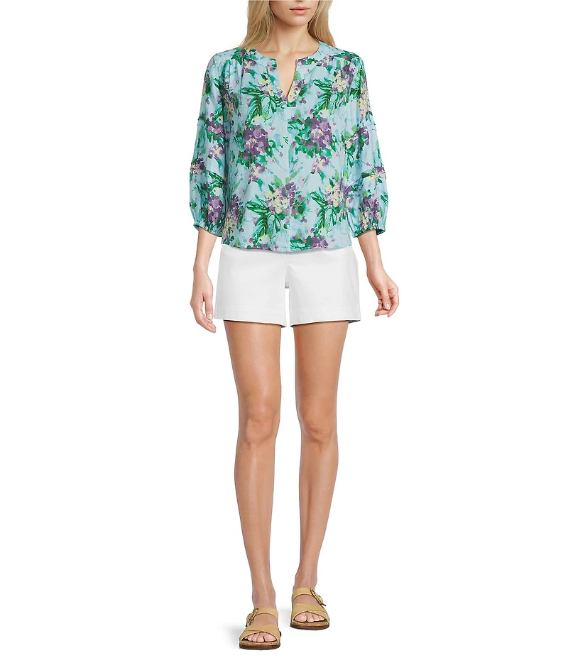 Westbound Bouquet Blossom Linen Blend 3/4 Sleeve V-Neck Top