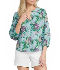 Westbound Bouquet Blossom Linen Blend 3/4 Sleeve V-Neck Top