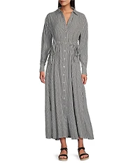 Westbound Button Front Point Collar Long Sleeve Seersucker Cinch Front A-Line Maxi Dress