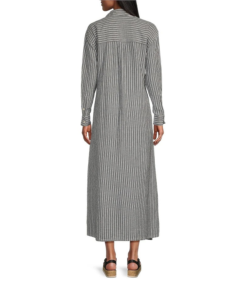Westbound Button Front Point Collar Long Sleeve Seersucker Cinch Front A-Line Maxi Dress