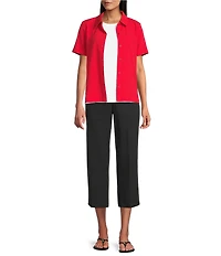 Westbound Perfect Outfit Picks Button Front Y-Neck Short Sleeve Camp Top