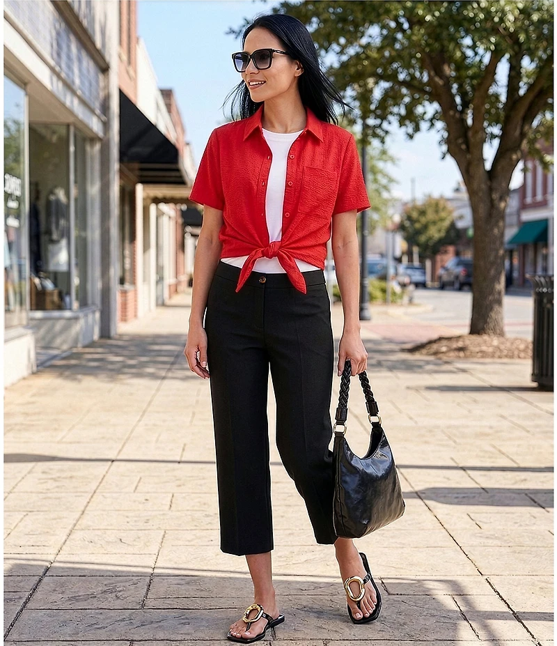 Westbound Perfect Outfit Picks Button Front Y-Neck Short Sleeve Camp Top