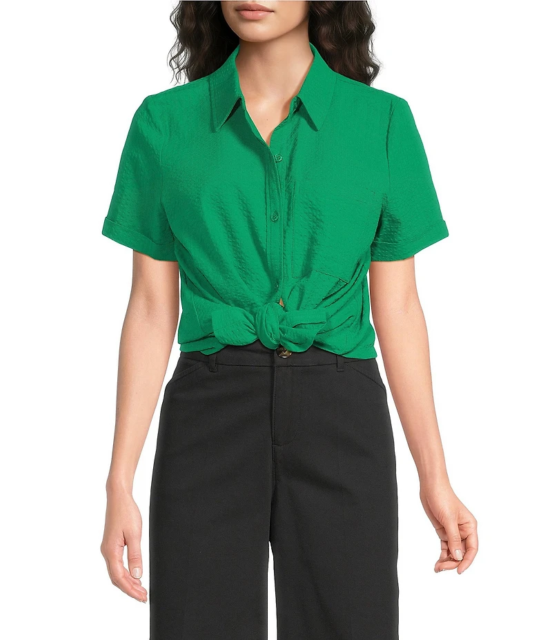 Westbound Perfect Outfit Picks Button Front Y-Neck Short Sleeve Camp Top