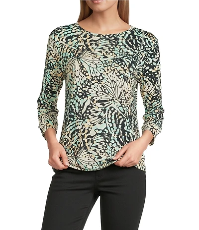 Westbound Cabbage Butterfly Wing 3/4 Sleeve Knit Crew Neck Top