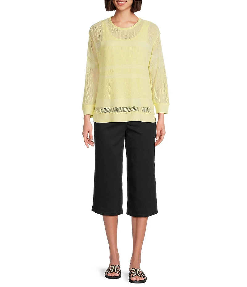 Westbound Crochet 3/4 Sleeve Crew Neck Ribbed Top