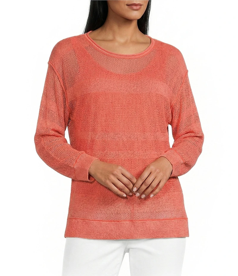 Westbound Crochet 3/4 Sleeve Crew Neck Ribbed Top