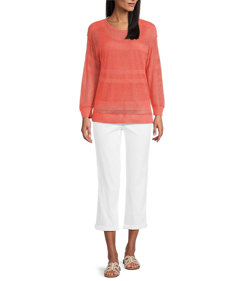 Westbound Crochet 3/4 Sleeve Crew Neck Ribbed Top