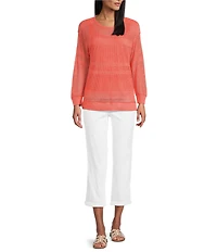 Westbound Crochet 3/4 Sleeve Crew Neck Ribbed Top