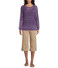 Westbound Crochet 3/4 Sleeve Crew Neck Ribbed Top