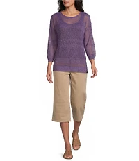 Westbound Crochet 3/4 Sleeve Crew Neck Ribbed Top