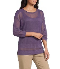 Westbound Crochet 3/4 Sleeve Crew Neck Ribbed Top