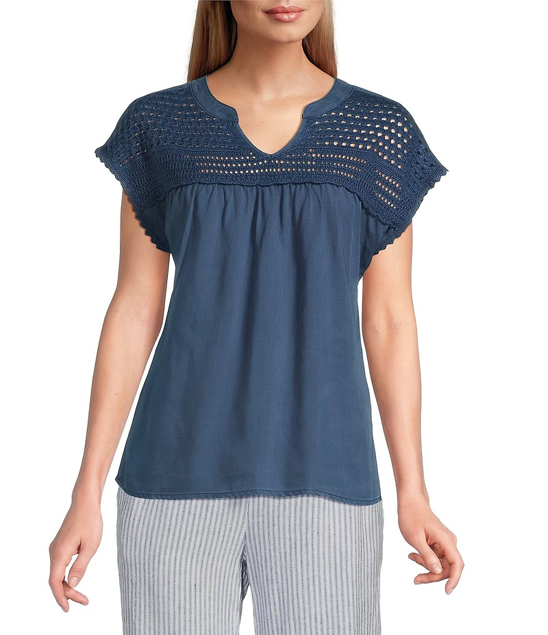 Westbound Crochet Yoke Notch Neck Short Sleeve Top