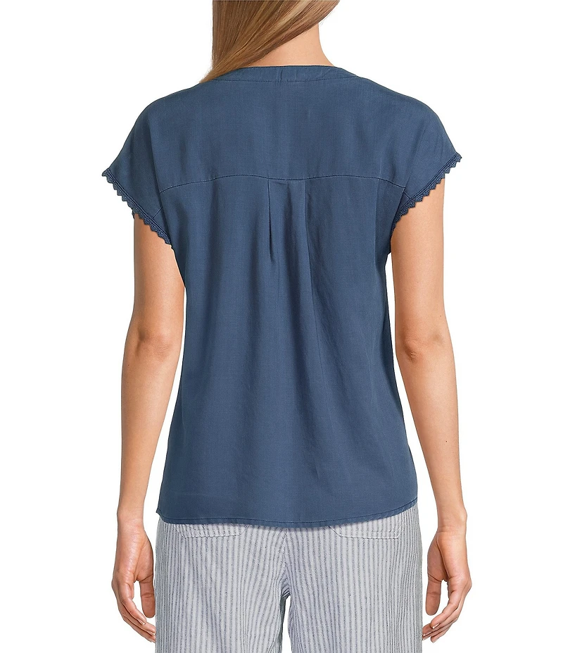 Westbound Crochet Yoke Notch Neck Short Sleeve Top