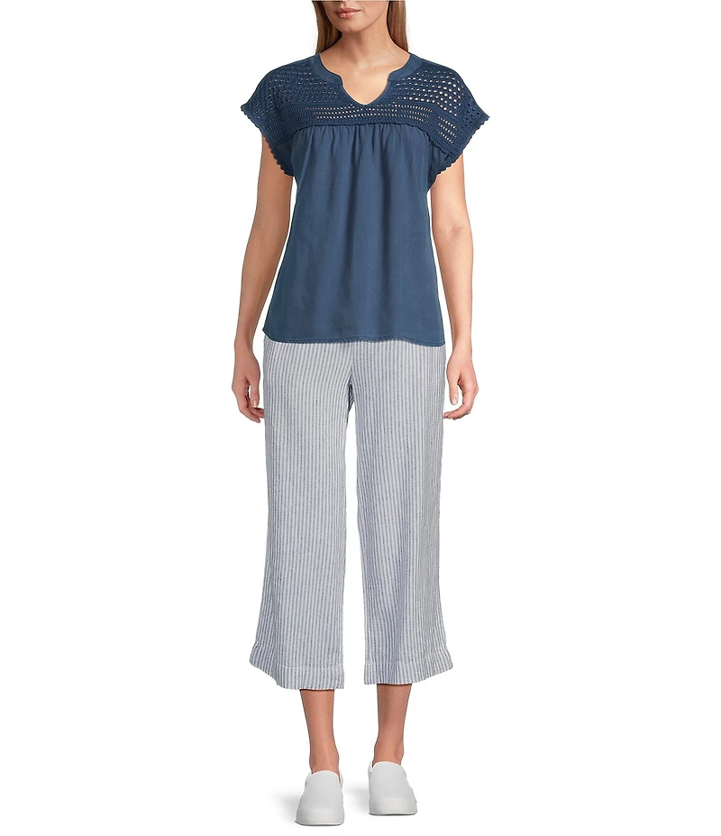 Westbound Crochet Yoke Notch Neck Short Sleeve Top