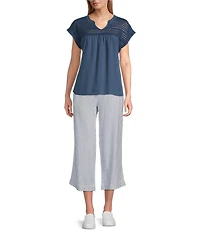 Westbound Crochet Yoke Notch Neck Short Sleeve Top