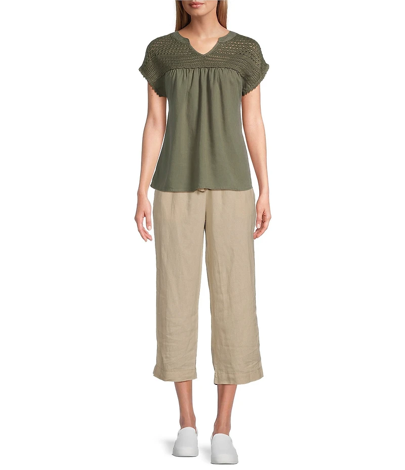 Westbound Crochet Yoke Notch Neck Short Sleeve Top