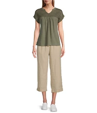 Westbound Crochet Yoke Notch Neck Short Sleeve Top