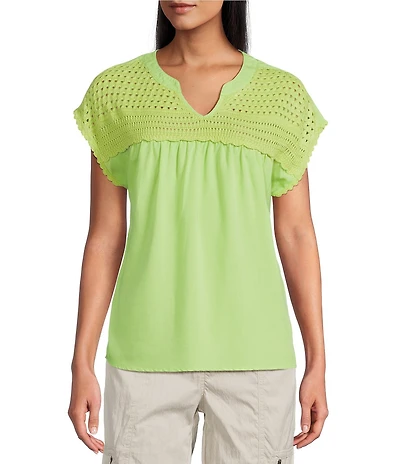 Westbound Crochet Yoke Notch Neck Short Sleeve Top