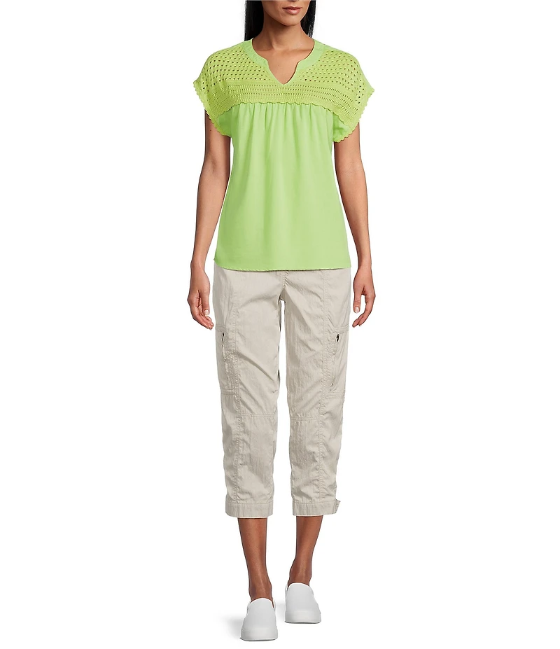 Westbound Crochet Yoke Notch Neck Short Sleeve Top
