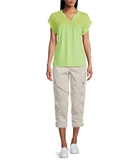 Westbound Crochet Yoke Notch Neck Short Sleeve Top
