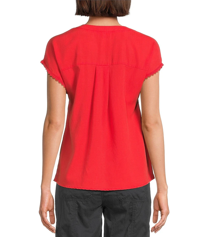 Westbound Crochet Yoke Notch Neck Short Sleeve Top