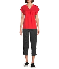 Westbound Crochet Yoke Notch Neck Short Sleeve Top