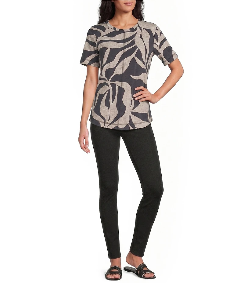 Westbound Dancing Leaves Slub Knit Short Sleeve Crew Neck Top