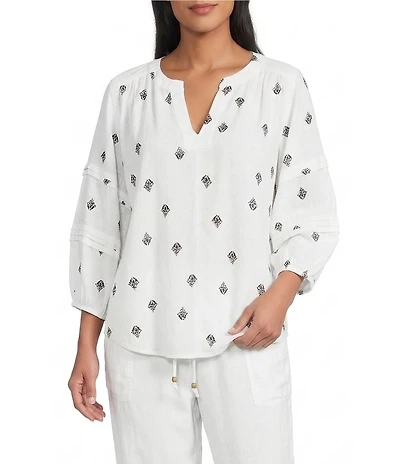 Westbound Distressed Foulard 3/4 Sleeve V-Neck Top