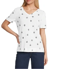 Westbound Distressed Foulard Print Short Sleeve V-Neck Top