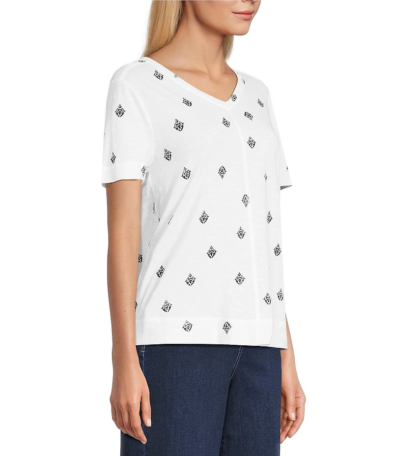 Westbound Distressed Foulard Print Short Sleeve V-Neck Top