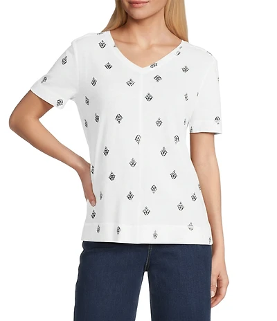 Westbound Distressed Foulard Print Short Sleeve V-Neck Top