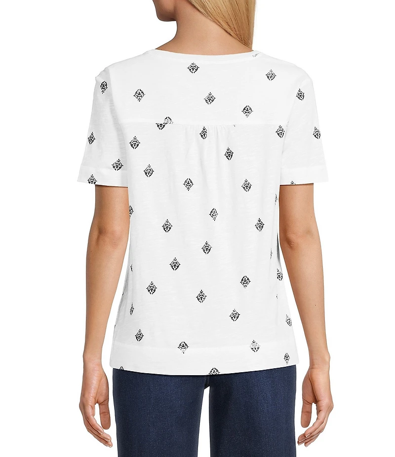 Westbound Distressed Foulard Print Short Sleeve V-Neck Top