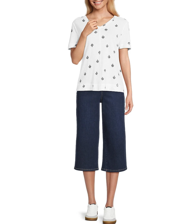 Westbound Distressed Foulard Print Short Sleeve V-Neck Top