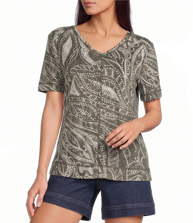 Westbound Dotted Vines Print Short Sleeve V-Neck Top