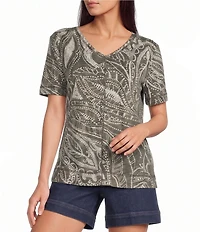 Westbound Dotted Vines Print Short Sleeve V-Neck Top