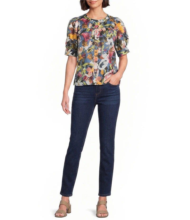 Westbound Elbow Sleeve Y-Neck Button Front Top