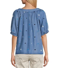 Westbound Embrodered Short Elastic Cuff Sleeve Square Neck Top