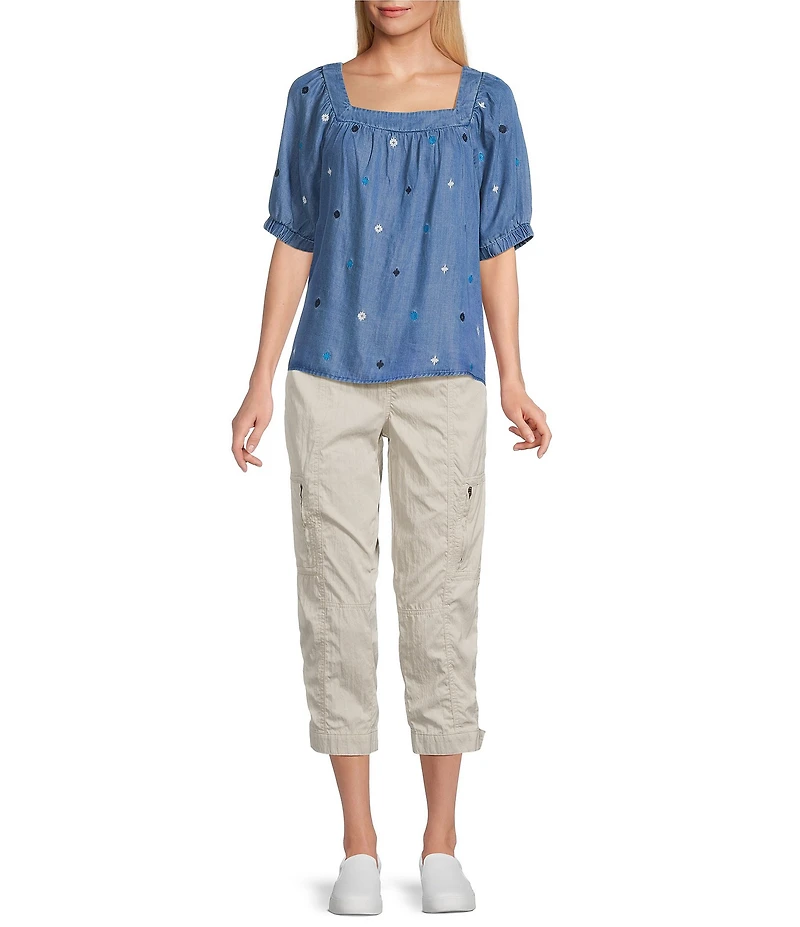 Westbound Embrodered Short Elastic Cuff Sleeve Square Neck Top