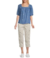 Westbound Embrodered Short Elastic Cuff Sleeve Square Neck Top